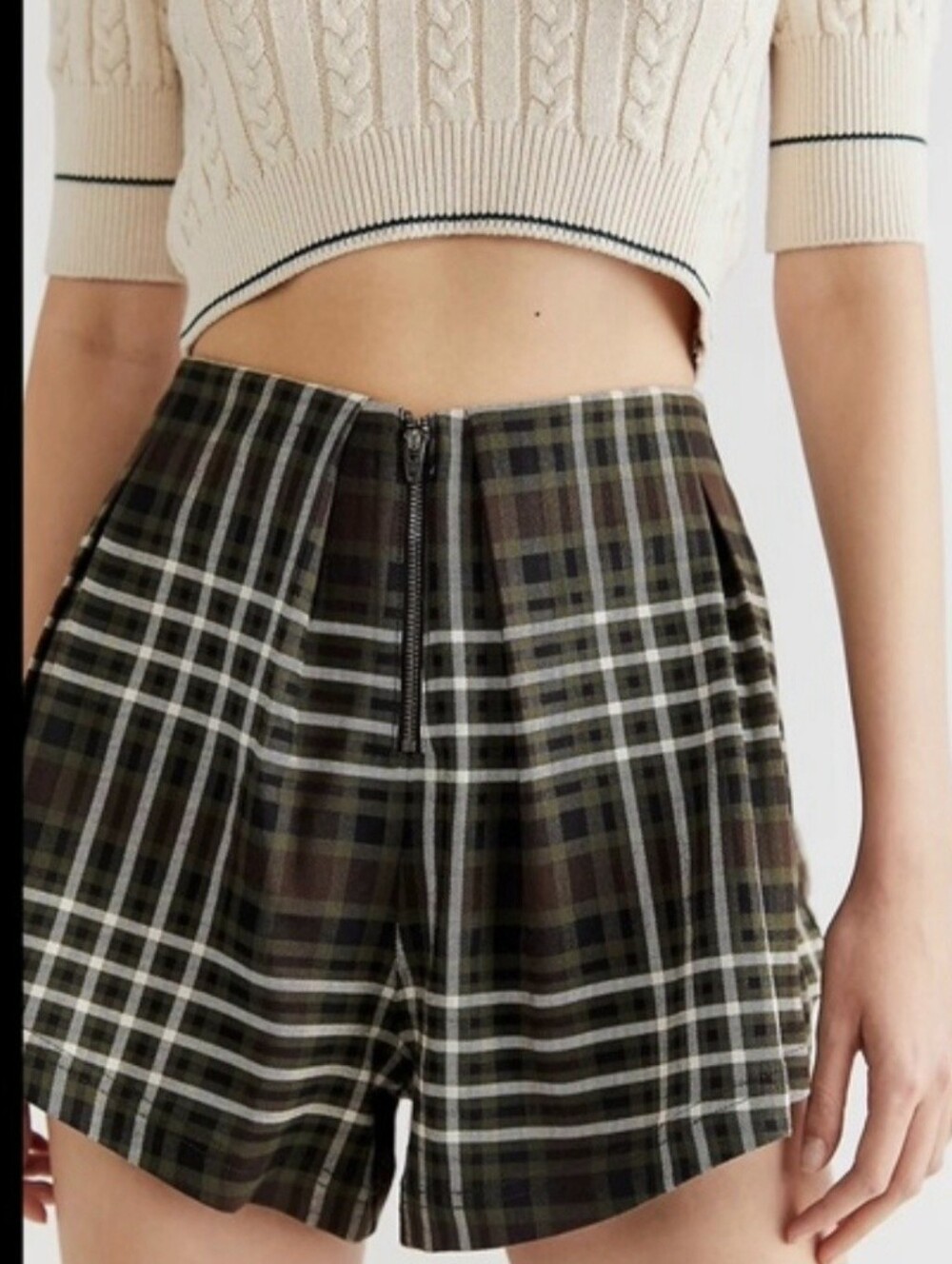 Free People Plaid High Rise Pleated Mini Shorts Olive Brown Size 2